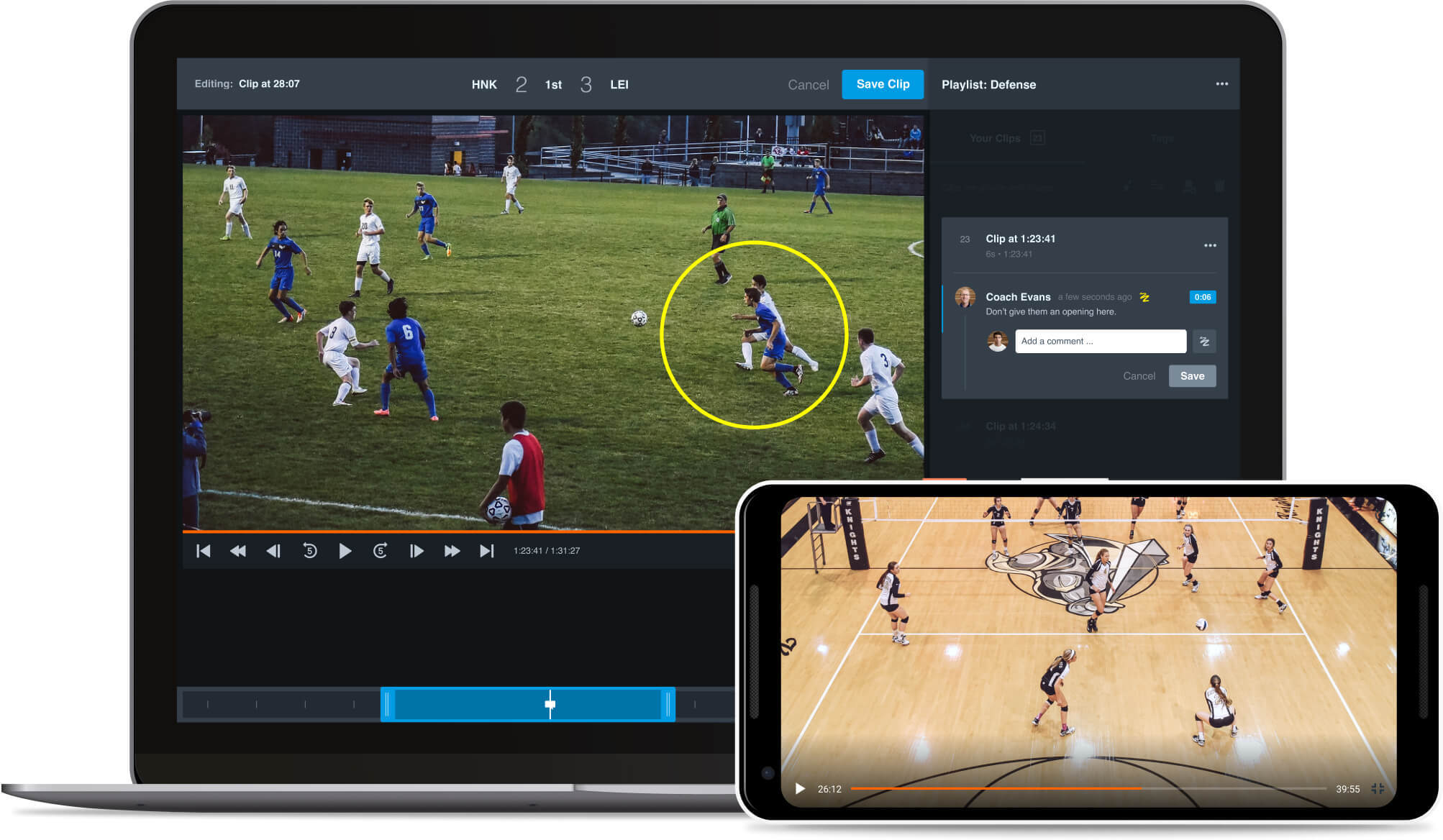 Hudl platform on laptop and phone for soccer and volleyball
