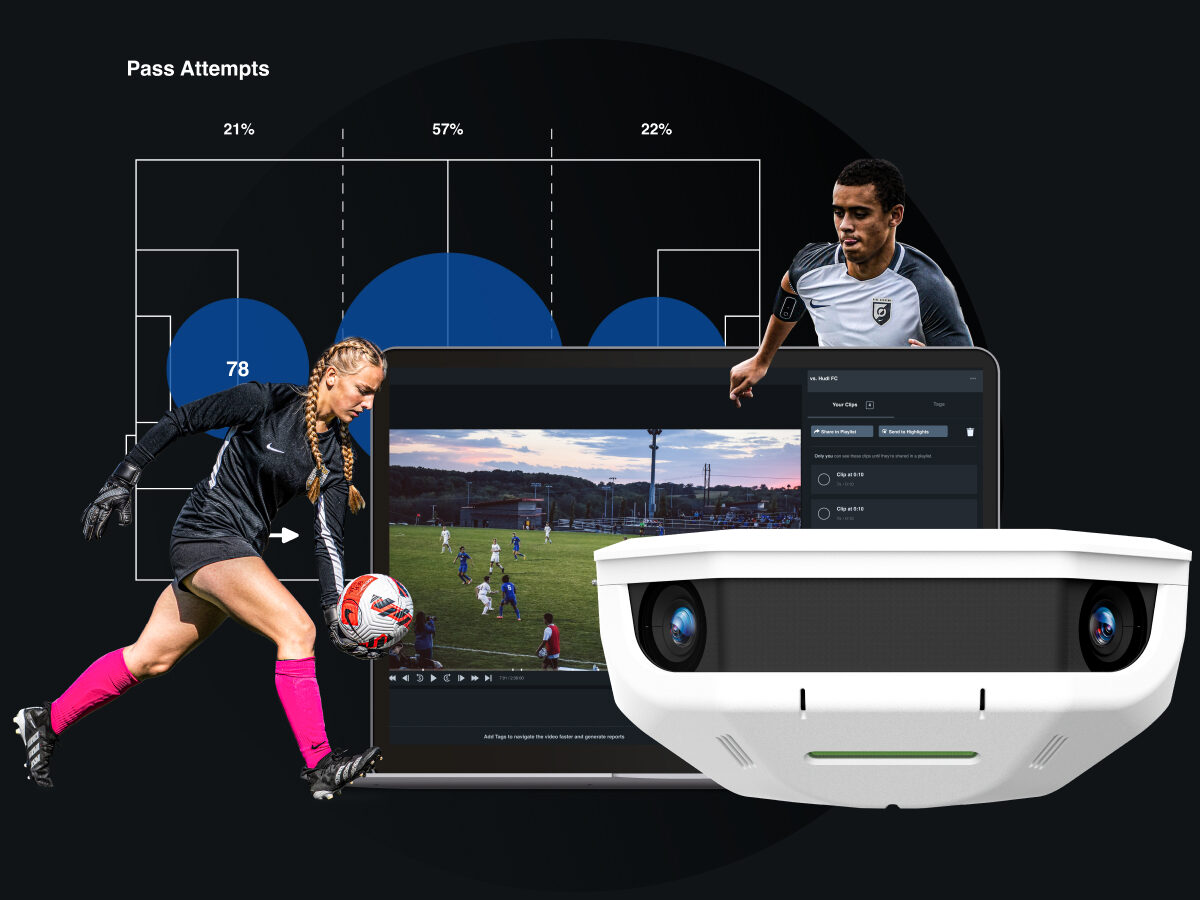 Photo collage of football players, Hudl Focus Flex camera, and the Hudl & Hudl Assist UIs