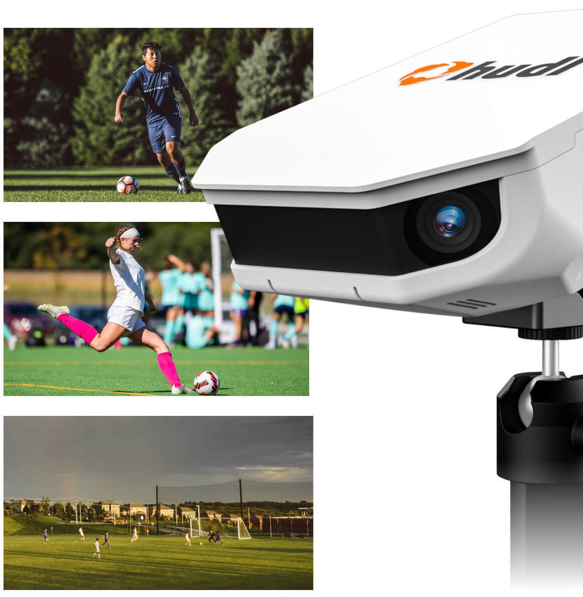Hudl Focus Flex camera and 3 separate images of players on pitches
