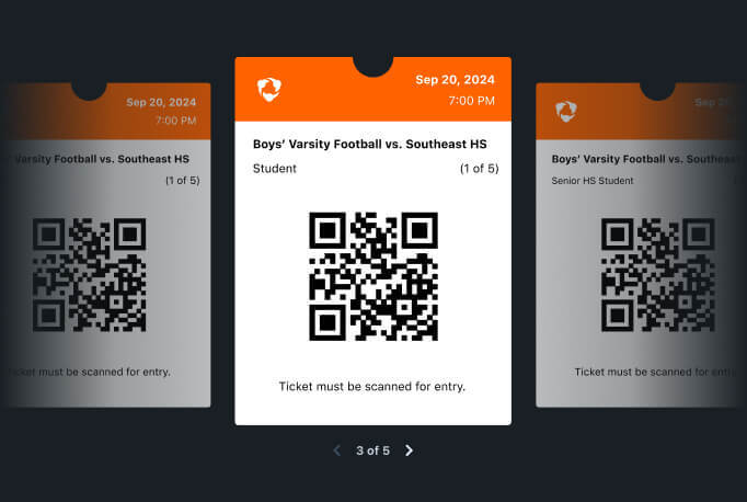Three Hudl tickets with the middle in focus and the left and right faded