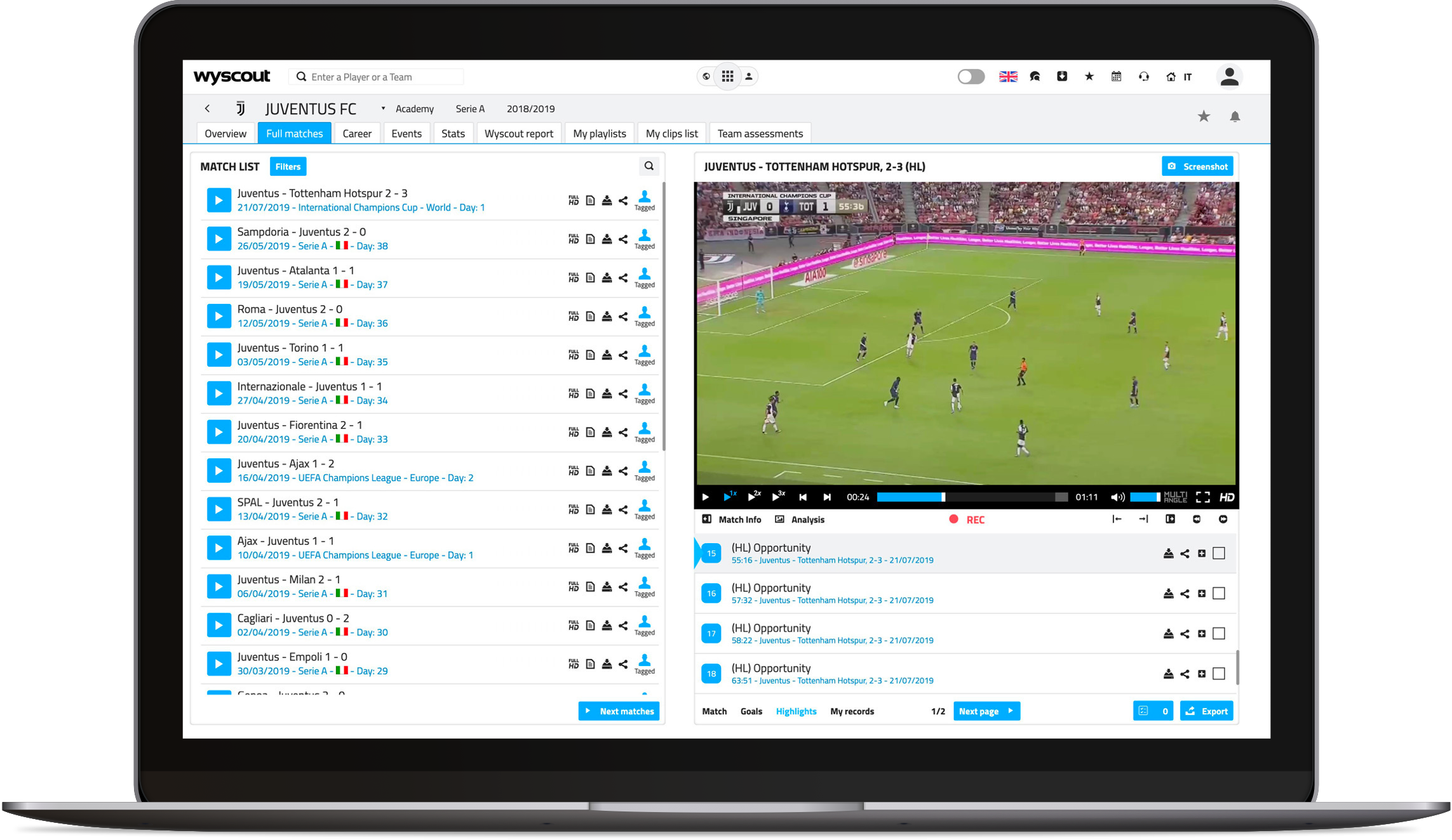A laptop with the Wyscout application open, displaying a list of full matches and a clip of a selected match.